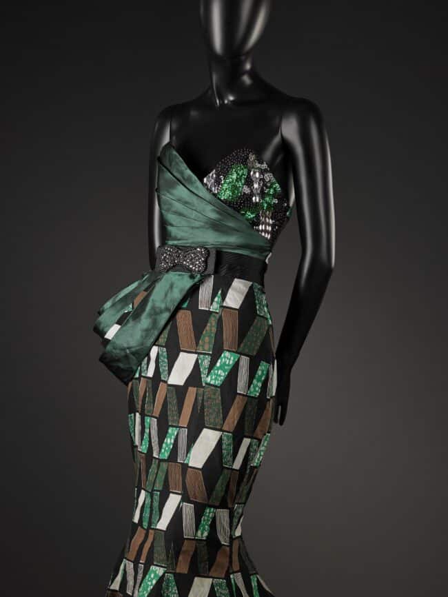 Satin and wax print evening gown by Pistis