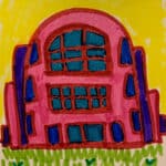 A hand-drawn representation of a building, with multiple windows on a bed of grass. The sky is colored with a mustard yellow and the building itself is a warm pink.