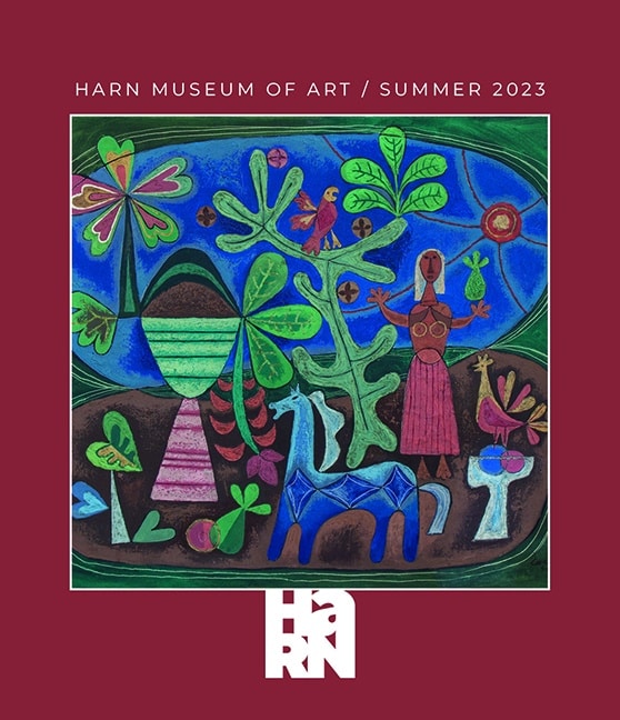 Square image of magazine cover with blue and red artwork containing plants, animals, and a female figure. Also includes the Harn Museum logo