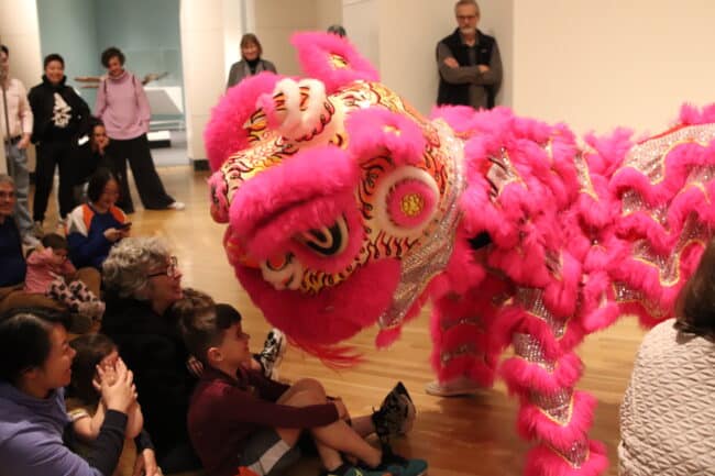 visitors are greeted by the lion during a lion dance at Celebrating Chinese Culture event at the museum