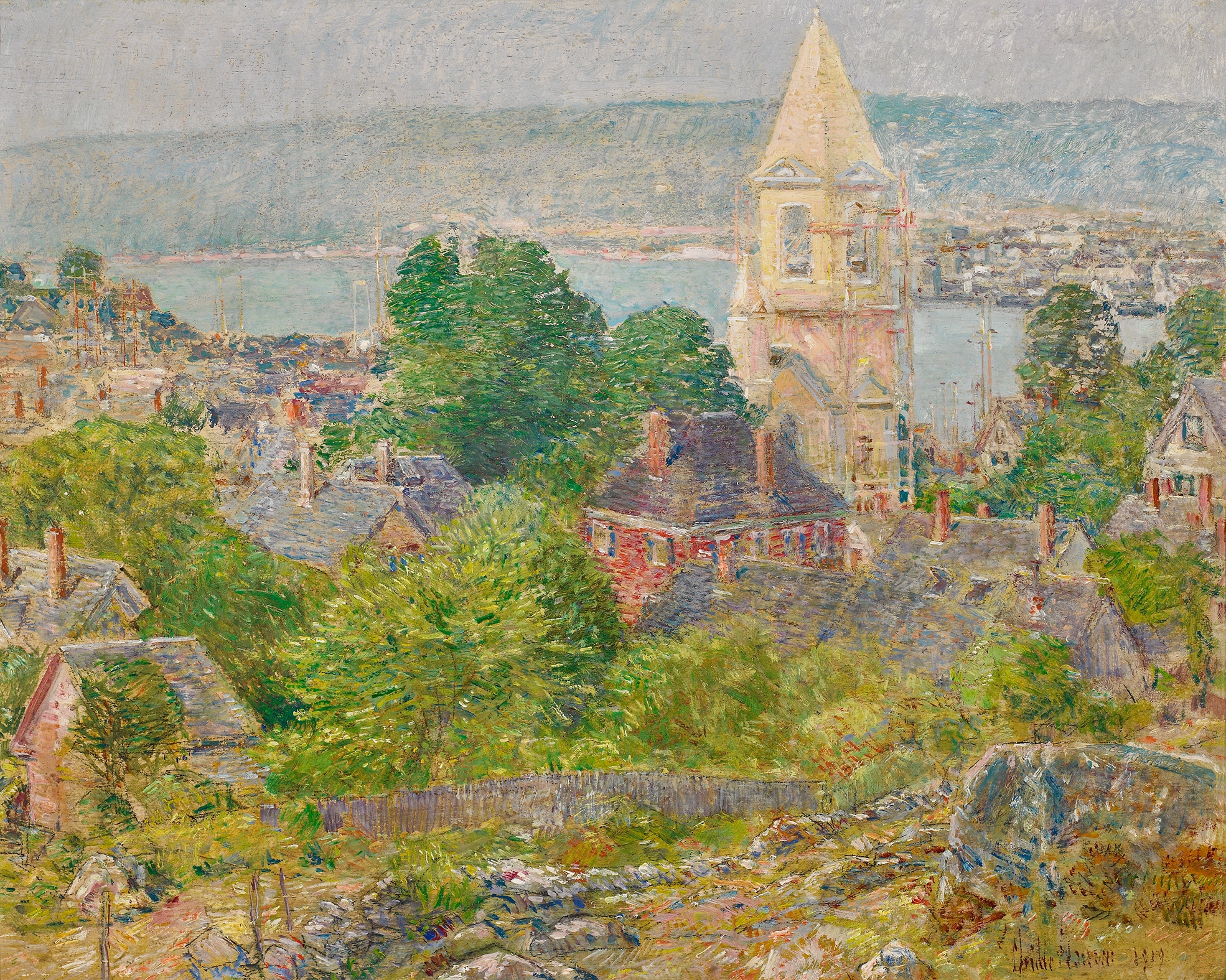 Painting of a landscape of coastal Maine town of Gloucester and colonial architecture (houses, steeple), picturesque setting, and bustling harbor.