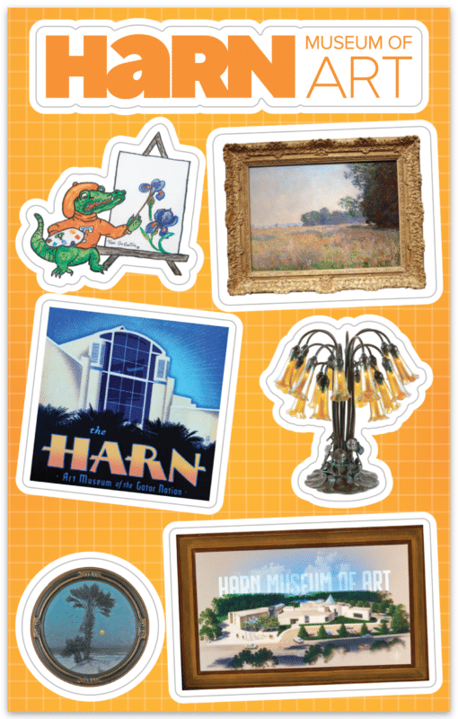 Render of sticker sheet with 7 Harn themed stickers.
