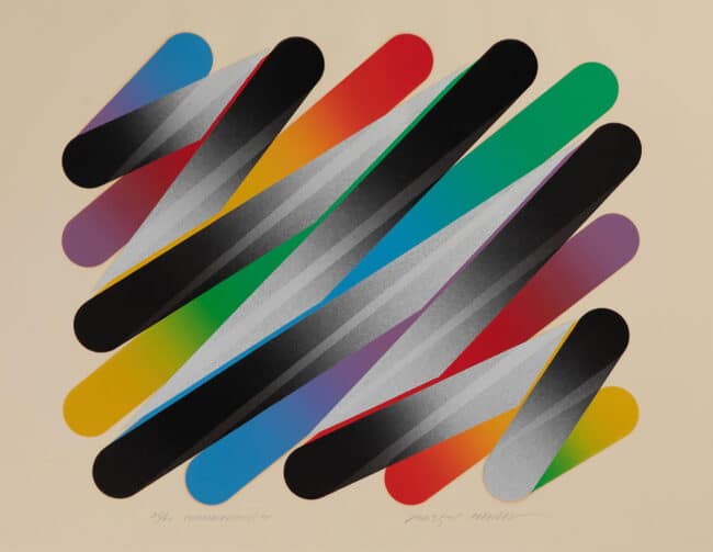 Two overlapping set of zig-zag lines. Top lines are in gray scale, and bottom lines have a rainbow gradient.